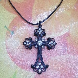 Stylish Black Cross Pendant Sparkling Crystals Unisex Necklace 19.5" Long